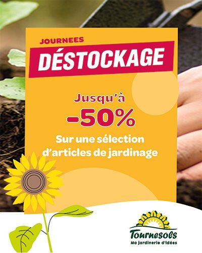 Affiche de promotion avec réductions de 50 % sur jardinage chez Tournesols.